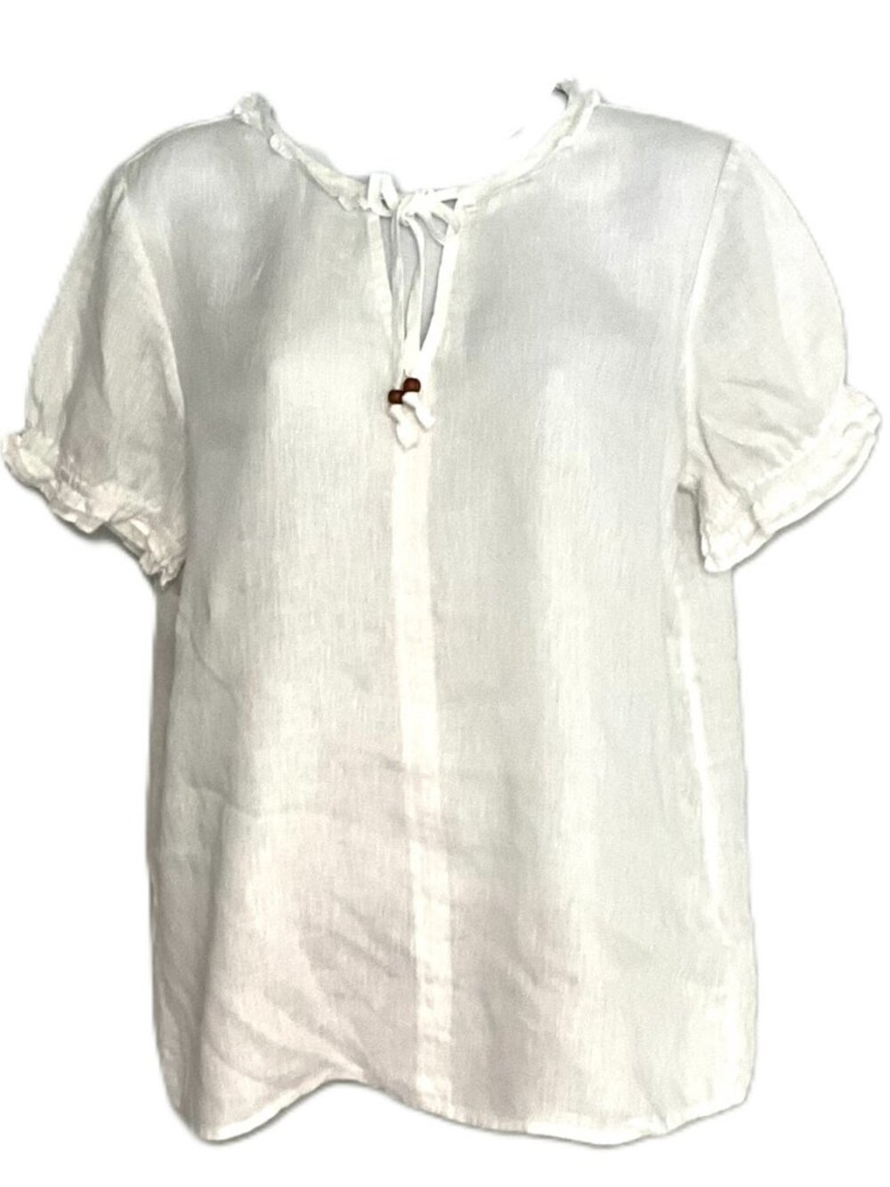 Cynthia Rowley White 100% Linen Puff Sleeve Tie Neck Blouse Size S